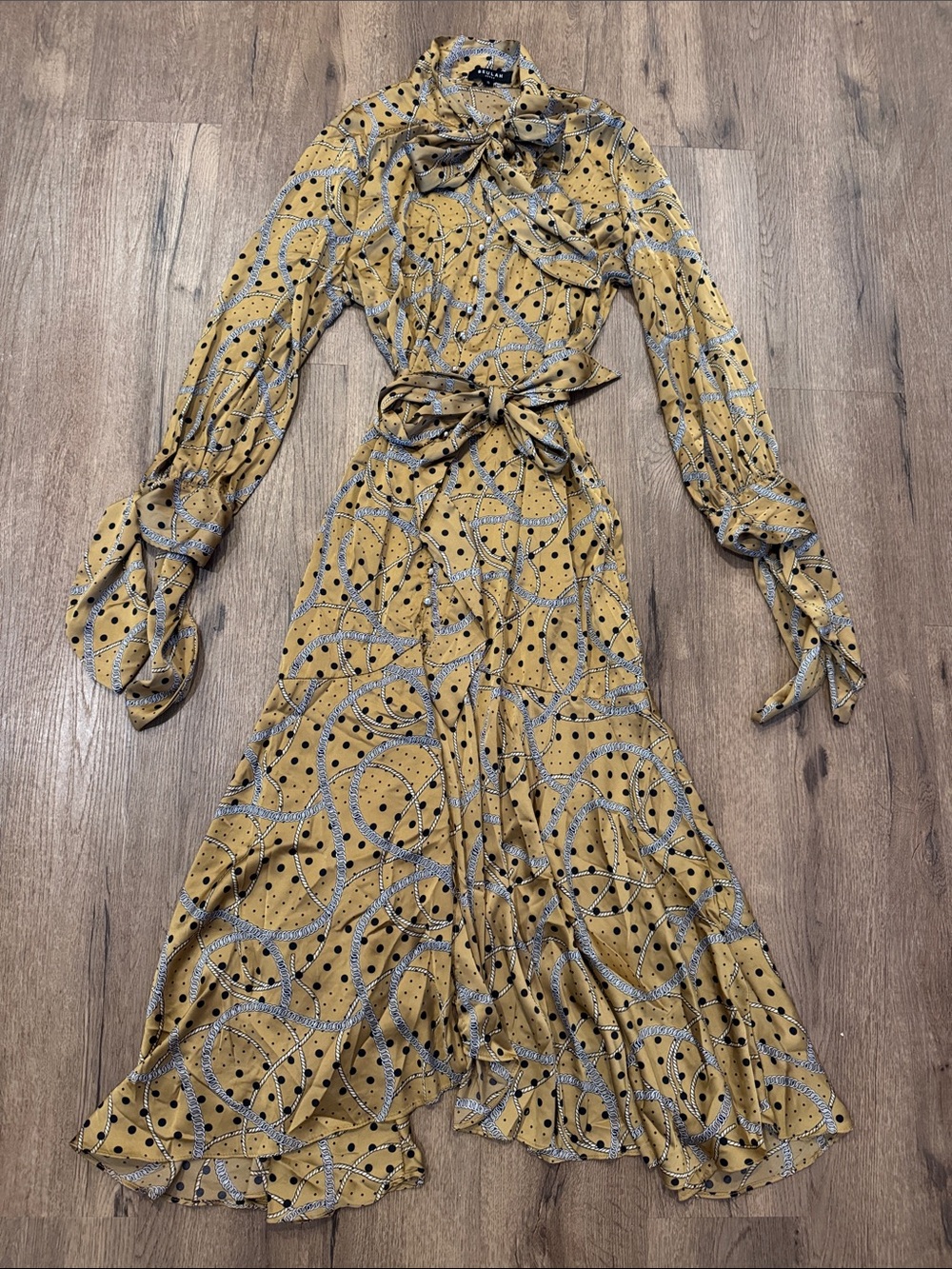 Beulah Mustard Yellow Printed Maxi Dress with Tie-Neck